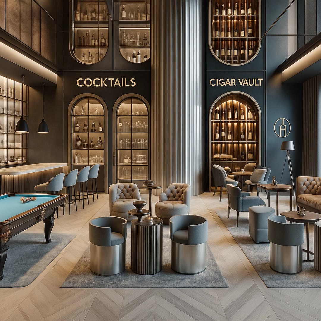 The lounge with arched Cocktails and Cigar Vault displays, a pool table and grey lounge chairs