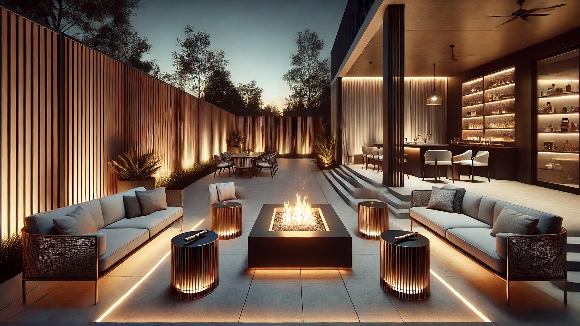 The backyard at dusk, with a fire table, deep sofas and warm lit slat walls